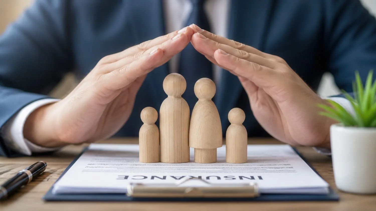 Hands sheltering small wooden figures resting on an insurance document